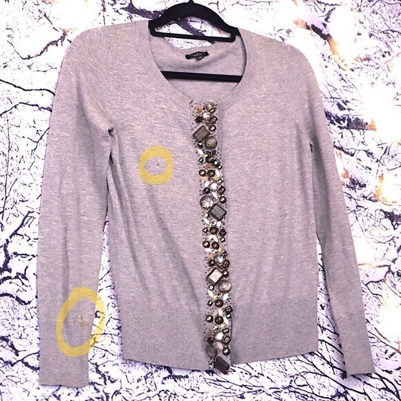 GEMSTONES CARDIGAN XS Talbots *FLAWED* Wool Sweater Warm Grey Brown Natural Work - Picture 2 of 7